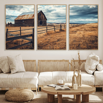 69356982-MGV-FC-60X30-3P_Natural-Old Barn Wall Art Canvas Print, Framed Rustic Fence Art Picture Print, Wooden Farmhouse Perfect Rustic Farmhouse Decor Artwork