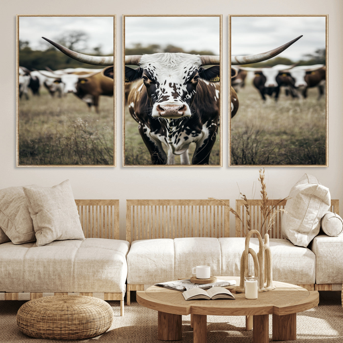 79025945-MGV-CV-36X24-Texas Longhorn Wall Art Canvas Print, Framed Speckled Cow Art Picture Print, Horned Cattle Perfect Rustic Western Decor Artwork