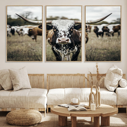 79025945-MGV-CV-36X24-Texas Longhorn Wall Art Canvas Print, Framed Speckled Cow Art Picture Print, Horned Cattle Perfect Rustic Western Decor Artwork