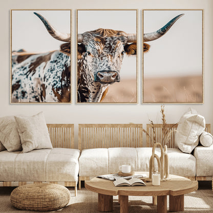 70414966-MGV-FC-60X30-3P_Natural-Texas Longhorn Wall Art Canvas Print, Framed Speckled Cow Art Picture Print, Horned Bull Perfect Rustic Western Decor Artwork