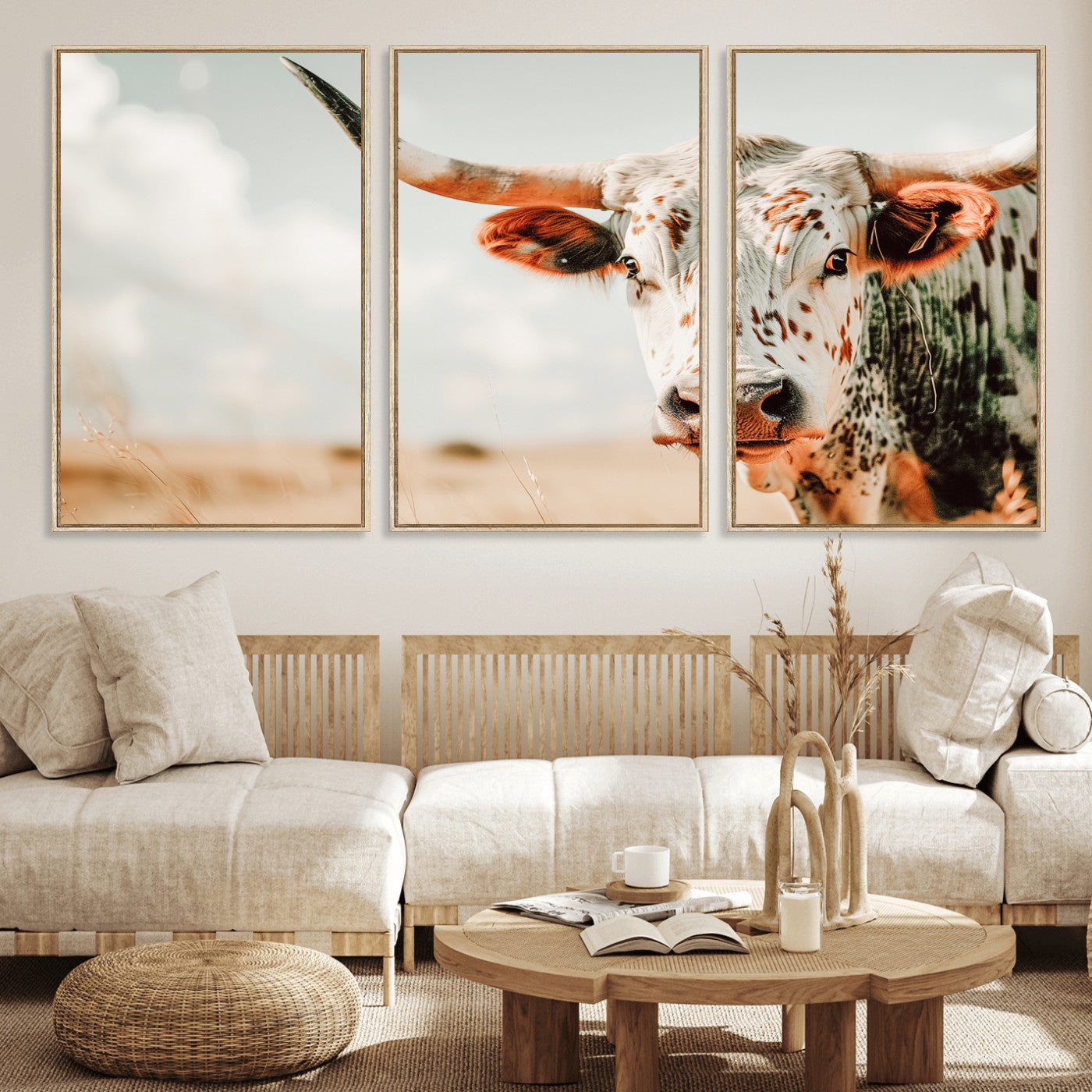 72766375-MGV-FC-60X30-3P_Natural-Texas Longhorn Wall Art Canvas Print, Framed Spotted Cow Art Picture Print, Horned Cattle Perfect Rustic Western Decor Artwork