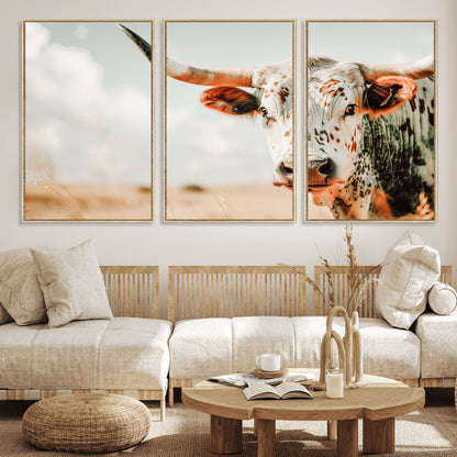 72766375-MGV-FC-60X30-3P_Natural-Texas Longhorn Wall Art Canvas Print, Framed Spotted Cow Art Picture Print, Horned Cattle Perfect Rustic Western Decor Artwork