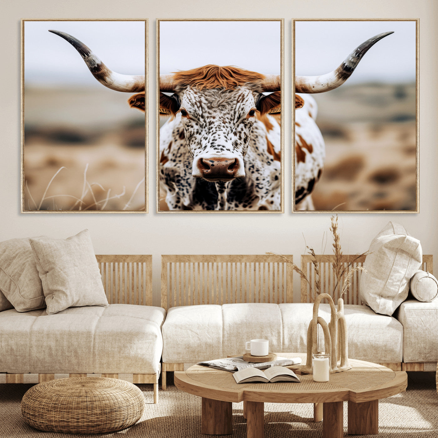 76294381-MGV-FC-60X30-3P_Natural-Texas Longhorn Wall Art Canvas Print, Framed Spotted Cow Art Picture Print, Horned Cattle Perfect Rustic Western Decor Artwork