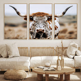 76294381-MGV-FC-60X30-3P_Natural-Texas Longhorn Wall Art Canvas Print, Framed Spotted Cow Art Picture Print, Horned Cattle Perfect Rustic Western Decor Artwork