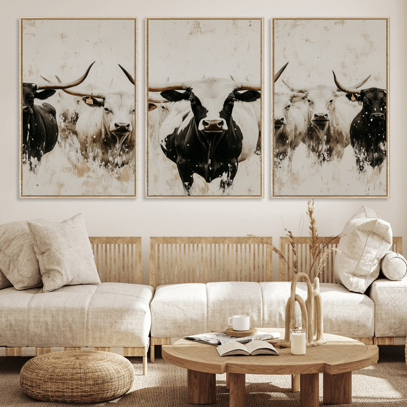 12027562-MGV-FC-60X30-3P_Natural-Longhorn Cattle Wall Art Canvas Print, Framed Bison Herd Art Picture Print, Cattle Group Perfect Rustic Farmhouse Decor Artwork