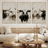 12027562-MGV-FC-60X30-3P_Natural-Longhorn Cattle Wall Art Canvas Print, Framed Bison Herd Art Picture Print, Cattle Group Perfect Rustic Farmhouse Decor Artwork