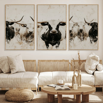 12027562-MGV-FC-60X30-3P_Natural-Longhorn Cattle Wall Art Canvas Print, Framed Bison Herd Art Picture Print, Cattle Group Perfect Rustic Farmhouse Decor Artwork