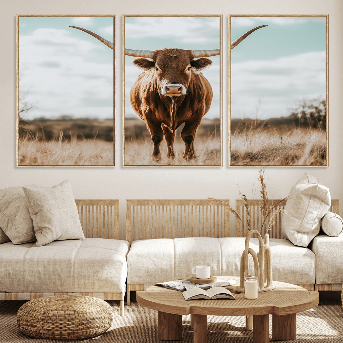 39350715-MGV-FC-60X30-3P_Natural-Texas Longhorn Wall Art Canvas Print, Framed Longhorn Cow Art Picture Print, Western Cattle Perfect Rustic Western Decor Artwork