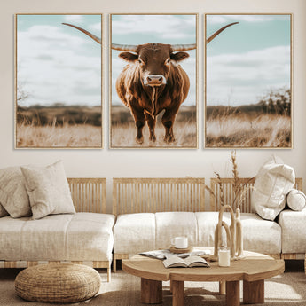 39350715-MGV-FC-60X30-3P_Natural-Texas Longhorn Wall Art Canvas Print, Framed Longhorn Cow Art Picture Print, Western Cattle Perfect Rustic Western Decor Artwork