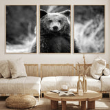 MGV-FC-60X30-3P - Grizzly Bear Wall Art Canvas Print, Framed Black White Bear Art Picture Print, Wild Bear Perfect Rustic Wildlife Decor Artwork