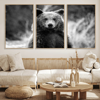 MGV-FC-60X30-3P - Grizzly Bear Wall Art Canvas Print, Framed Black White Bear Art Picture Print, Wild Bear Perfect Rustic Wildlife Decor Artwork
