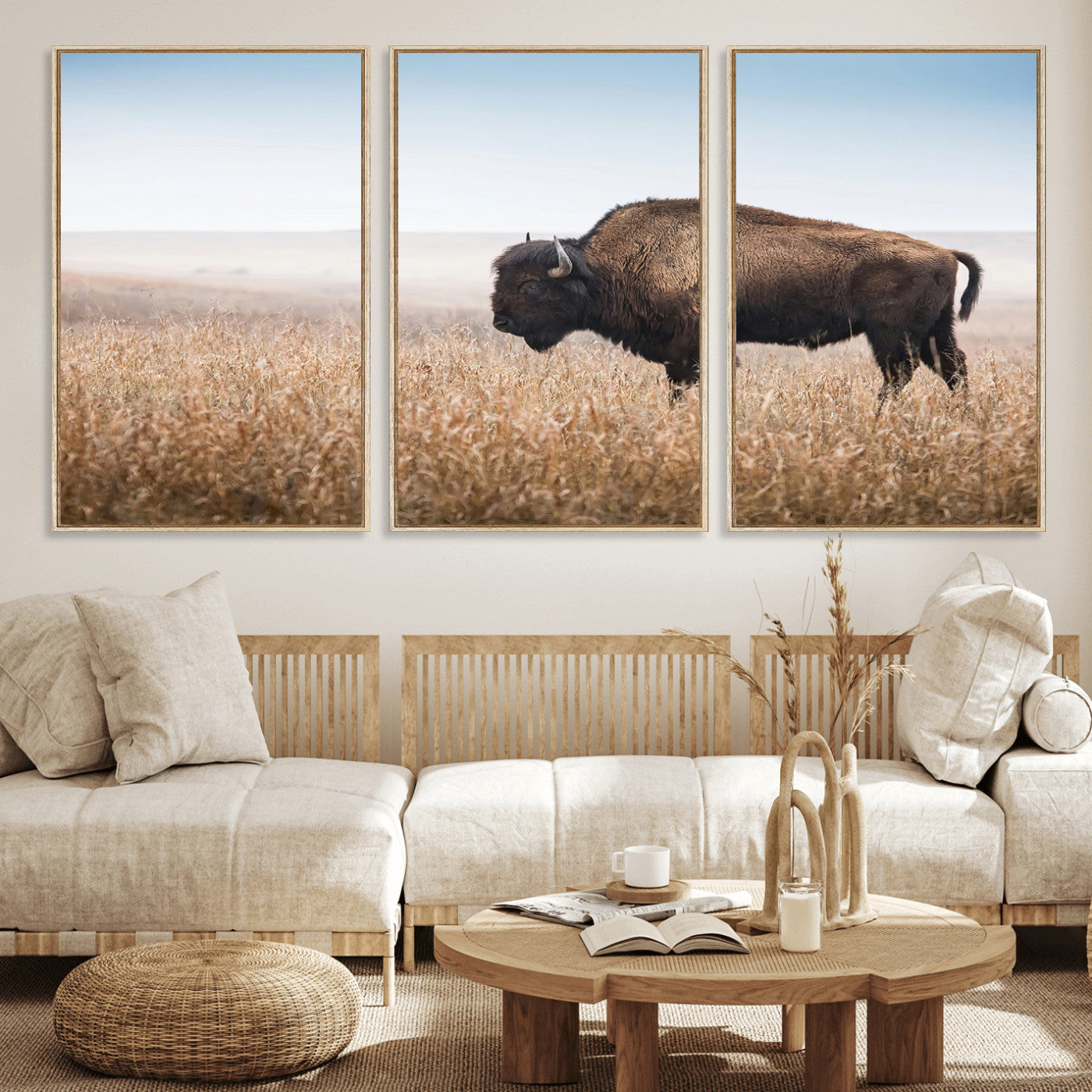 91267849-MGV-CV-36X24-Wild Bison Wall Art Canvas Print, Framed Bison in Prairie Art Picture Print, Rustic Western Perfect Rustic Western Decor Artwork