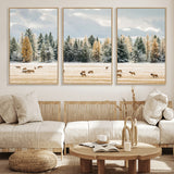 64188182-MGV-FC-60X30-3P_Natural-Elk Herd Wall Art Canvas Print, Framed Snowy Forest Art Picture Print, Forest Elks Perfect Neutral Rustic Decor Artwork