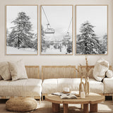 55003599-MGV-FC-60X30-3P_Natural-Snowy Ski Lift Wall Art Canvas Print, Framed Winter Forest Art Picture Print, Ski lift Ride Perfect Winter Lodge Decor Artwork