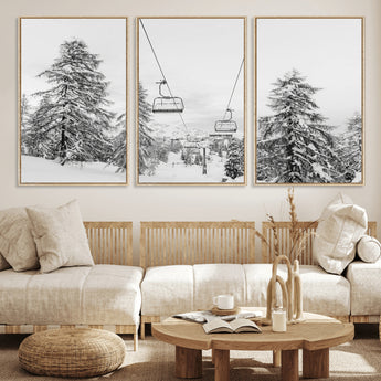 55003599-MGV-FC-60X30-3P_Natural-Snowy Ski Lift Wall Art Canvas Print, Framed Winter Forest Art Picture Print, Ski lift Ride Perfect Winter Lodge Decor Artwork