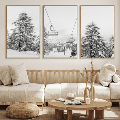 55003599-MGV-FC-60X30-3P_Natural-Snowy Ski Lift Wall Art Canvas Print, Framed Winter Forest Art Picture Print, Ski lift Ride Perfect Winter Lodge Decor Artwork
