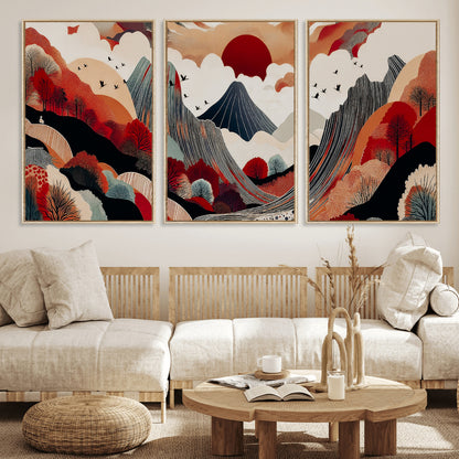 59495752-MGV-FC-60X30-3P_Natural-Abstract Mountain Wall Art Canvas Print, Framed Vibrant Landscape Art Picture Print, Nature Drawing Perfect Contemporary