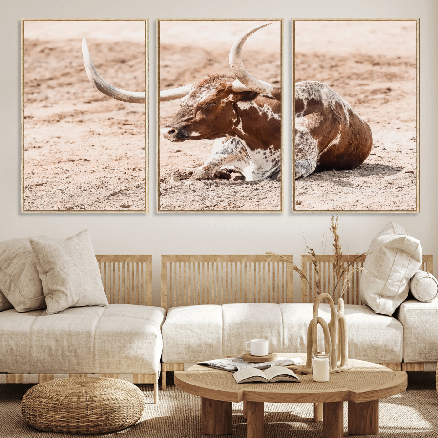 91248682-MGV-FC-60X30-3P_Natural-Texas Longhorn Wall Art Canvas Print, Framed Resting Bull Art Picture Print, Spotted Cattle Perfect Rustic Western Decor Artwork