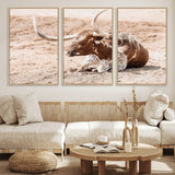 91248682-MGV-FC-60X30-3P_Natural-Texas Longhorn Wall Art Canvas Print, Framed Resting Bull Art Picture Print, Spotted Cattle Perfect Rustic Western Decor Artwork
