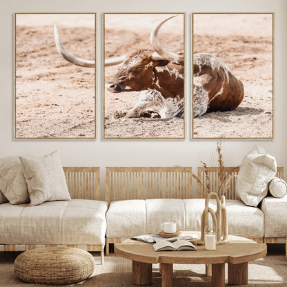 91248682-MGV-FC-60X30-3P_Natural-Texas Longhorn Wall Art Canvas Print, Framed Resting Bull Art Picture Print, Spotted Cattle Perfect Rustic Western Decor Artwork