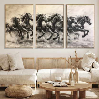56089591-MGV-CV-36X24-Galloping Horses Wall Art Canvas Print, Framed Wild Stallions Art Picture Print, Horse Herd Sketch Perfect Monochrome Dynamic