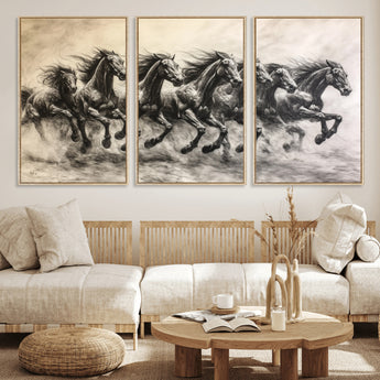 56089591-MGV-FC-60X30-3P_Natural-Galloping Horses Wall Art Canvas Print, Framed Wild Stallions Art Picture Print, Horse Herd Sketch Perfect Monochrome Dynamic