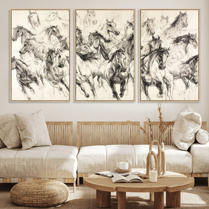 19433417-MGV-CV-36X24-Running Horses Wall Art Canvas Print, Framed Horse Sketch Art Picture Print, Galloping Herd Perfect Monochrome Western Decor