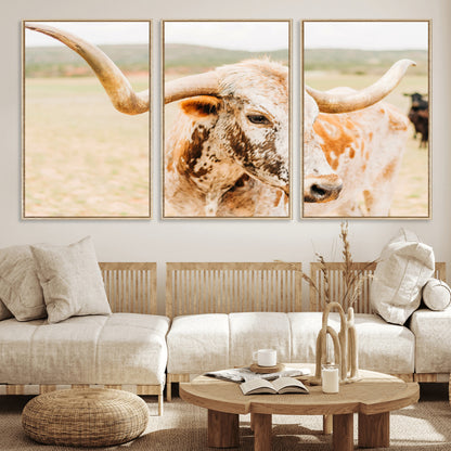 21060648-MGV-FC-60X30-3P_Natural-Texas Longhorn Wall Art Canvas Print, Framed Speckled Cow Art Picture Print, Rustic Bull Perfect Rustic Western Decor Artwork