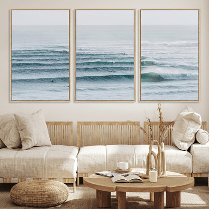 73969318-MGV-CV-36X24-Ocean Waves Wall Art Canvas Print, Framed Surfer Lineup Art Picture Print, Crowded Ocean Perfect Minimal Coastal Decor Artwork