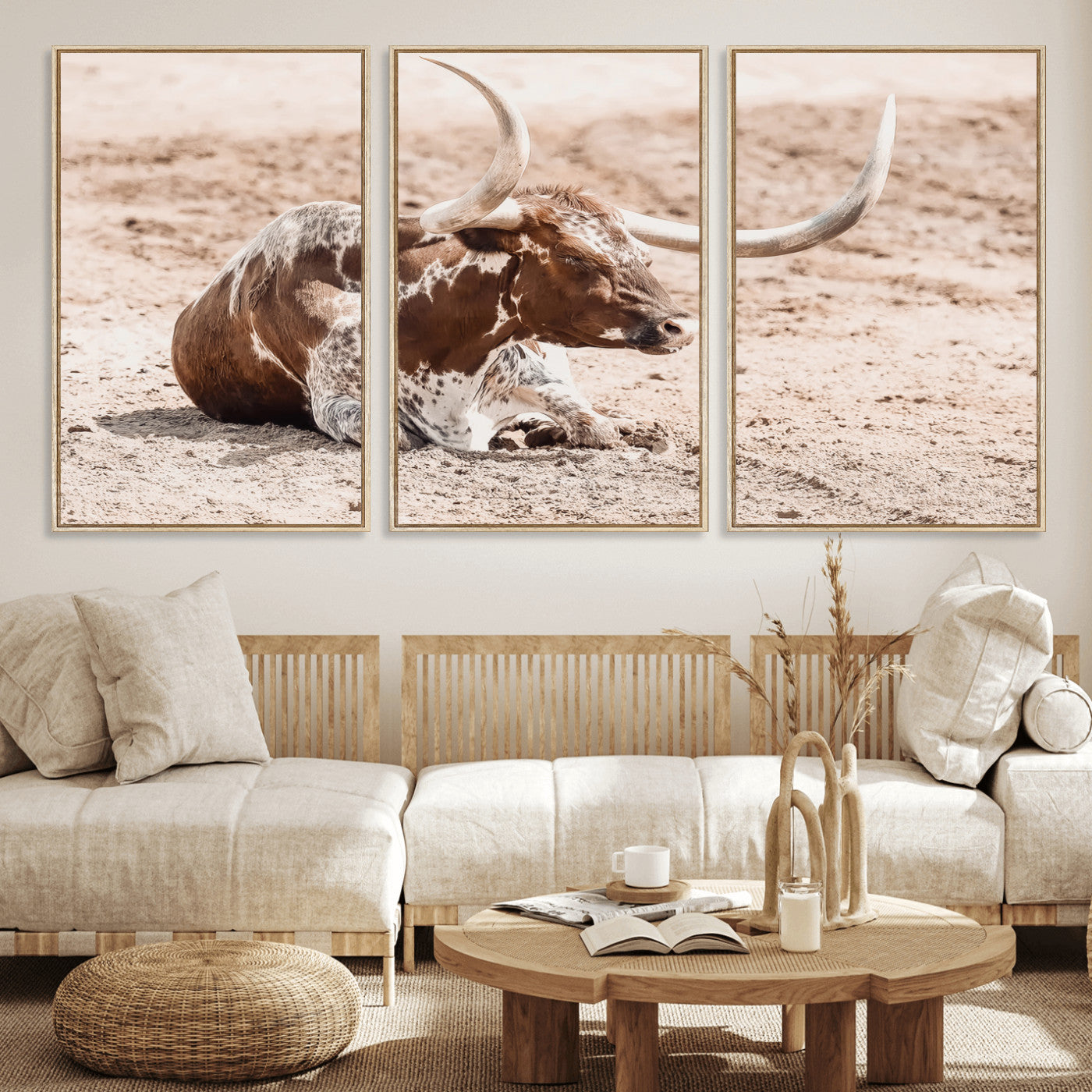 25407592-MGV-CV-36X24-Texas Longhorn Wall Art Canvas Print, Framed Resting Bull Art Picture Print, Spotted Cattle Perfect Rustic Western Decor Artwork