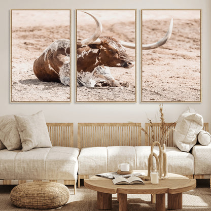 25407592-MGV-CV-36X24-Texas Longhorn Wall Art Canvas Print, Framed Resting Bull Art Picture Print, Spotted Cattle Perfect Rustic Western Decor Artwork