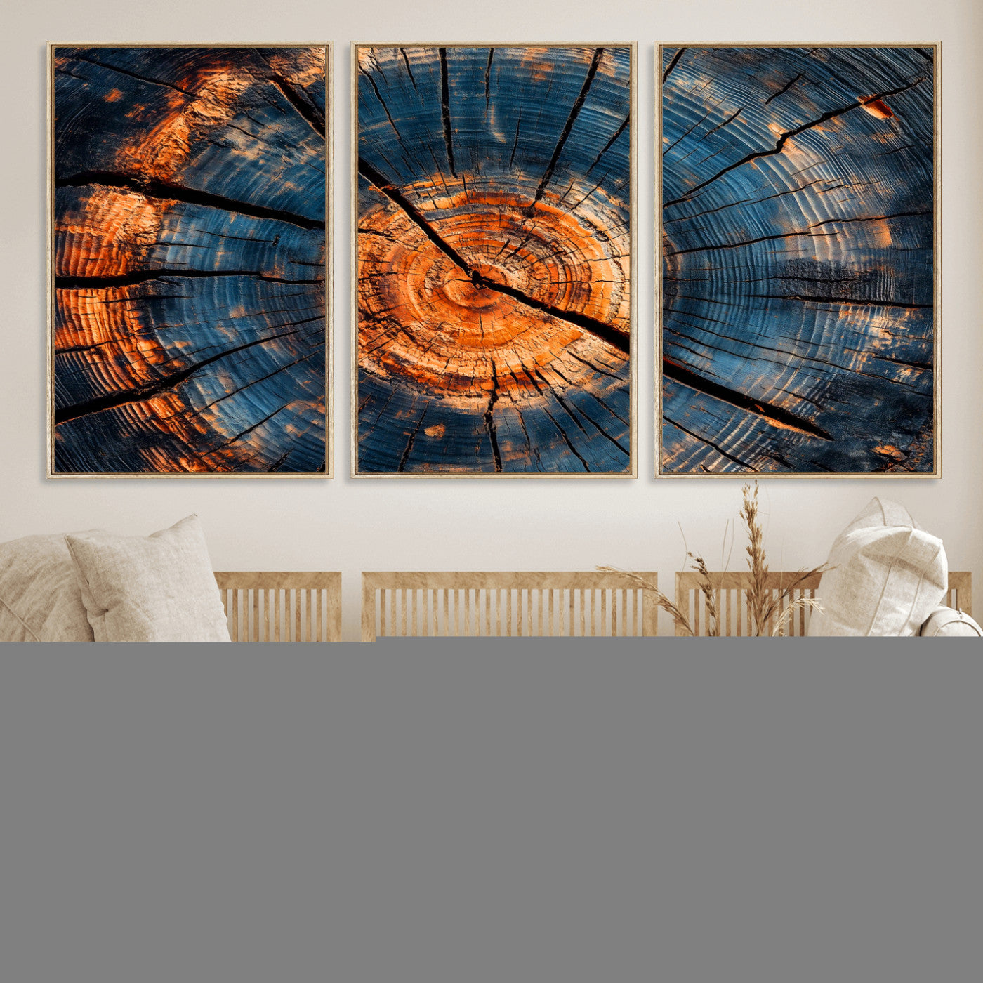 81894502-MGV-FC-60X30-3P_Natural-Burnt Wood Wall Art Canvas Print, Framed Aged Timber Art Picture Print, Rustic Tree Slice Perfect Rustic Decor Artwork for Home,