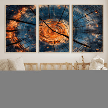 81894502-MGV-FC-60X30-3P_Natural-Burnt Wood Wall Art Canvas Print, Framed Aged Timber Art Picture Print, Rustic Tree Slice Perfect Rustic Decor Artwork for Home,