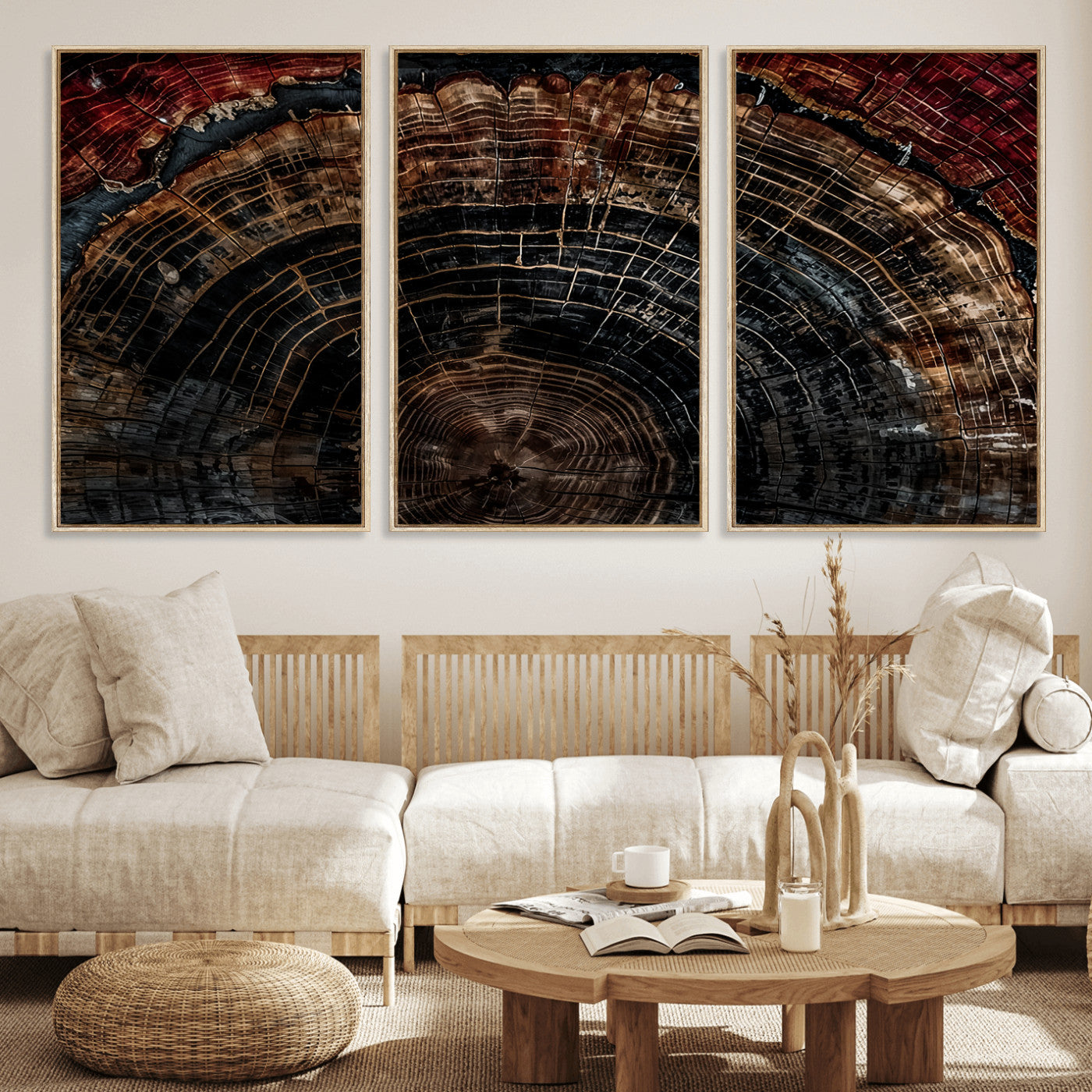 43686762-MGV-FC-60X30-3P_Natural-Dark Wood Ring Wall Art Canvas Print, Framed Abstract Wood Tree Art Picture Print, Rustic Tree Slice Perfect Rustic Decor Artwork