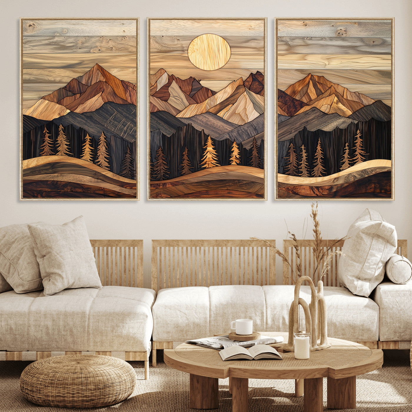 50100230-MGV-CV-36X24-Wooden Mountain Wall Art – Rustic Nature Landscape Canvas Print, Handmade Style Sun, Forest, and Peaks Artwork for Living Room,