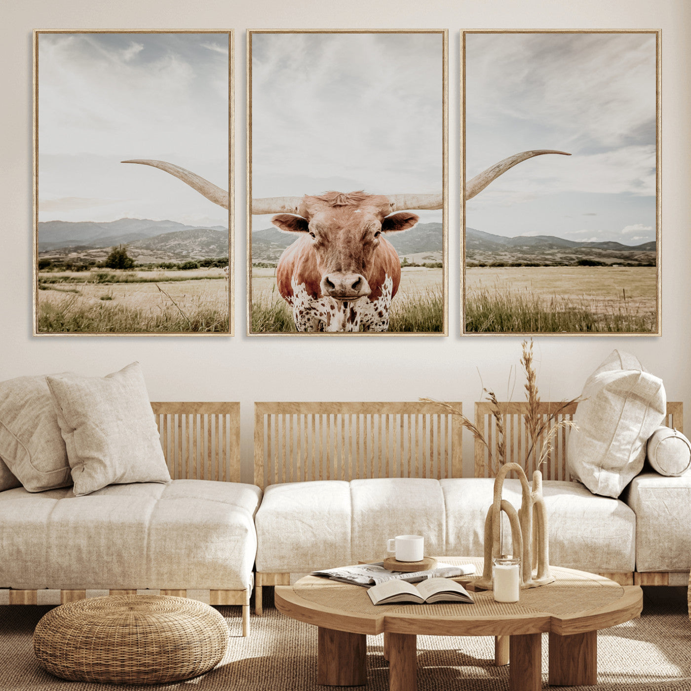 80054319-MGV-FC-60X30-3P_Natural-Longhorn Wall Art – Rustic Western Canvas Print, Majestic Bull Artwork for Farmhouse, Ranch or Living Room