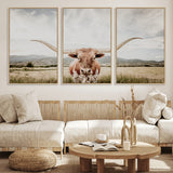 80054319-MGV-FC-60X30-3P_Natural-Longhorn Wall Art – Rustic Western Canvas Print, Majestic Bull Artwork for Farmhouse, Ranch or Living Room