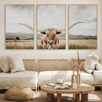 80054319-MGV-FC-60X30-3P_Natural-Longhorn Wall Art – Rustic Western Canvas Print, Majestic Bull Artwork for Farmhouse, Ranch or Living Room