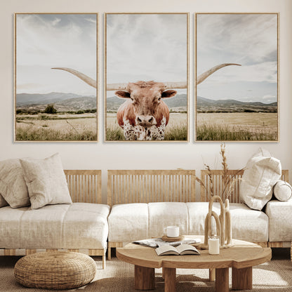 80054319-MGV-FC-60X30-3P_Natural-Longhorn Wall Art – Rustic Western Canvas Print, Majestic Bull Artwork for Farmhouse, Ranch or Living Room