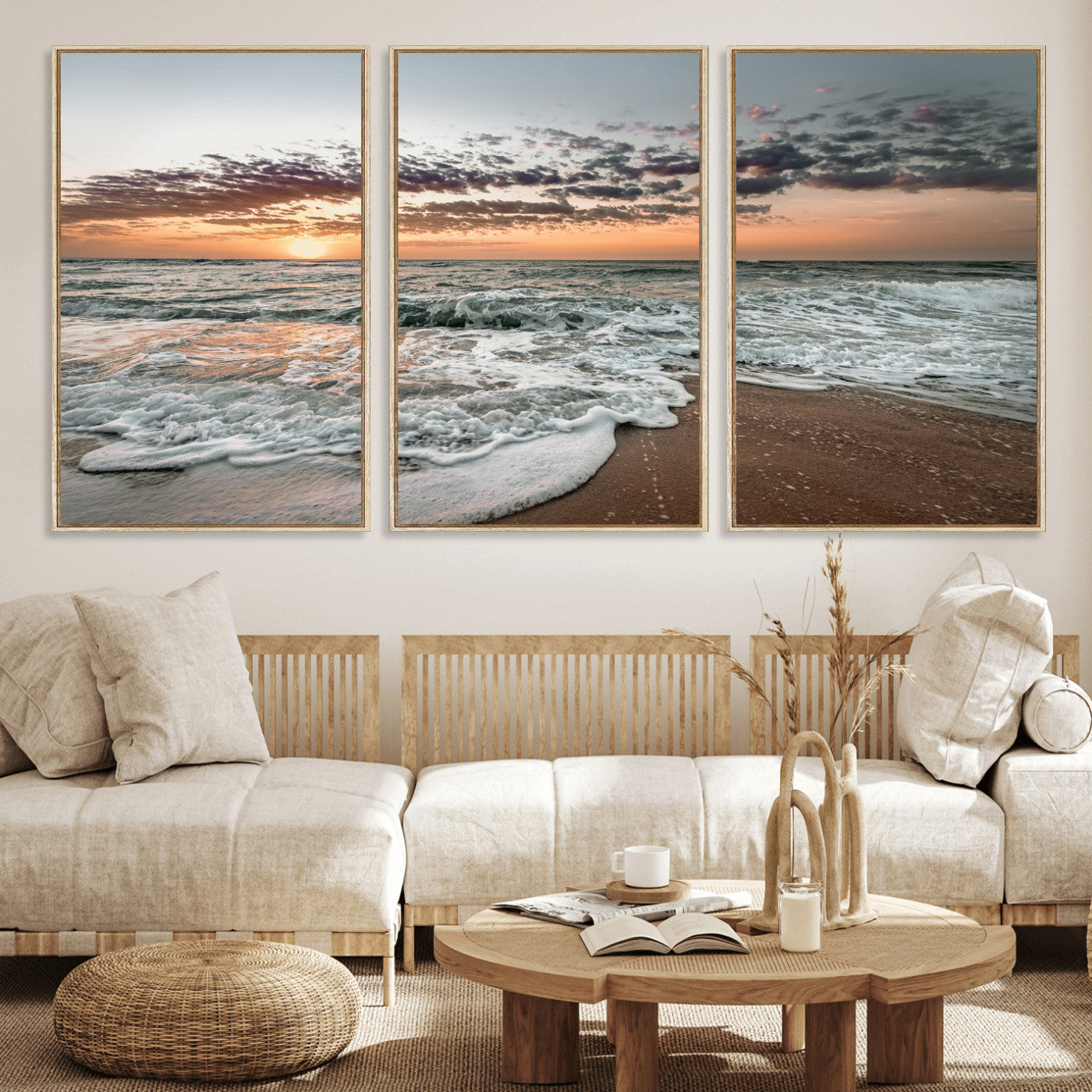 40632752-MGV-FC-60X30-3P_Natural-Ocean Sunset Wall Art Canvas Print, Framed Beach Waves Art Picture Print, Coastal Scene Perfect Coastal Decor Artwork