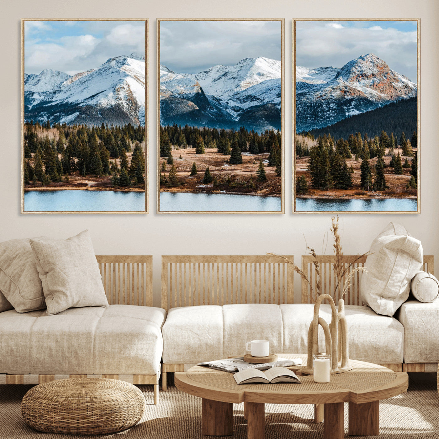 36247746-MGV-CV-36X24-Snowy Peaks Wall Art Canvas Print, Framed Alpine Lake Art Picture Print, Pine Forest Perfect Alpine Wilderness Decor Artwork