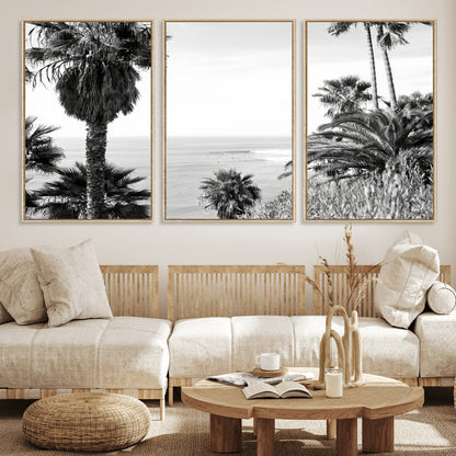 89458520-MGV-CV-36X24-Palm Trees Wall Art Canvas Print, Framed Coastal View Art Picture Print, Ocean Horizon Perfect Monochrome Coast Decor Artwork