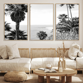 89458520-MGV-FC-60X30-3P_Natural-Palm Trees Wall Art Canvas Print, Framed Coastal View Art Picture Print, Ocean Horizon Perfect Monochrome Coast Decor Artwork