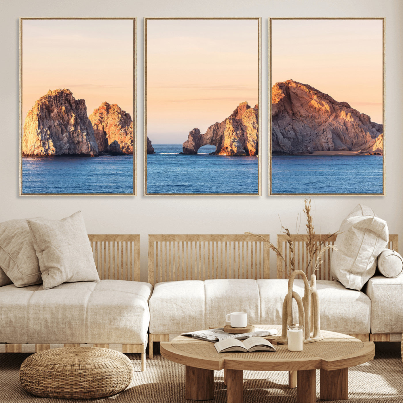 72996116-MGV-CV-36X24-El Arco Wall Art Canvas Print, Framed Cabo Rocks Art Picture Print, Ocean Arch Perfect Golden Coastal Landmark Decor Artwork