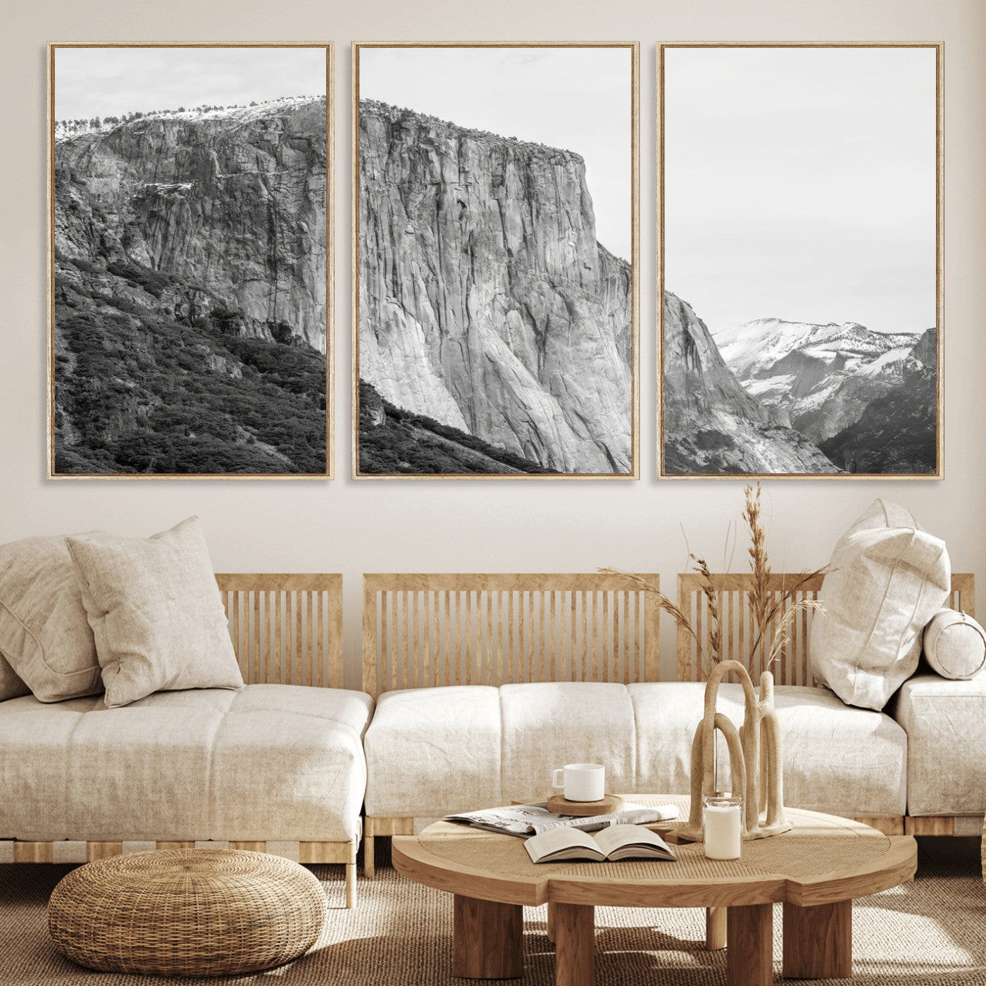 39393420-MGV-FC-60X30-3P_Natural-El Capitan Wall Art Canvas Print, Framed Yosemite Cliff Art Picture Print, Monochrome Mountain Perfect Monochrome Sierra Decor