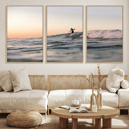 58502923-MGV-FC-60X30-3P_Natural-Wave Rider Wall Art Canvas Print, Framed Ocean Wave Art Picture Print, Riding Surf Perfect Sunset Surf Decor Artwork