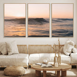 46299358-MGV-FC-60X30-3P_Natural-Sunset Waves Wall Art Canvas Print, Framed Ocean Horizon Art Picture Print, Golden Water Perfect Golden Hour Coastal Decor Artwork