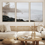 62501405-MGV-FC-60X30-3P_Natural-Misty Beach Wall Art Canvas Print, Framed California Surfer Art Picture Print, Coastal Cliff Perfect Coastal Beach Decor Artwork