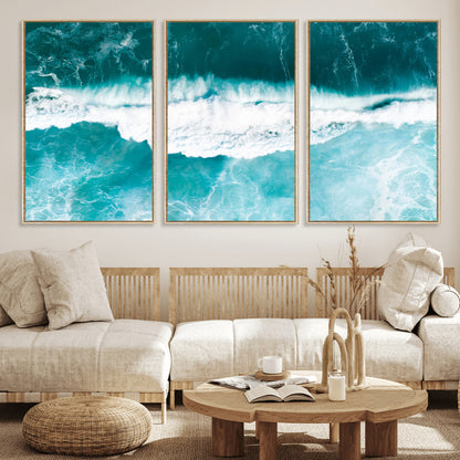 23828594-MGV-CV-36X24-Aerial Waves Wall Art Canvas Print, Framed Ocean Break Art Picture Print, Sea Foam Perfect Tropical Coastal Decor Artwork