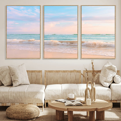 74679437-MGV-CV-36X24-Pastel Ocean Wall Art Canvas Print, Framed Beach Waves Art Picture Print, Soft Sunset Perfect Pastel Coastal Decor Artwork